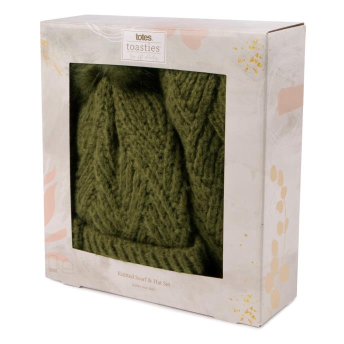 totes toasties® Ladies Knitted Hat & Scarf Gift Set Khaki Extra Image 1